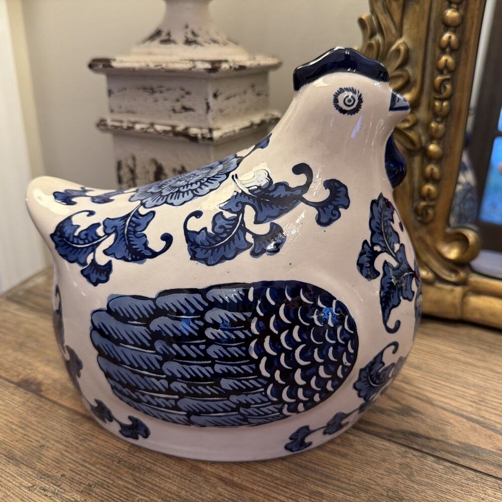 Apropos Blue White Sitting Chicken 8” Chinoiserie Farmhouse Decor